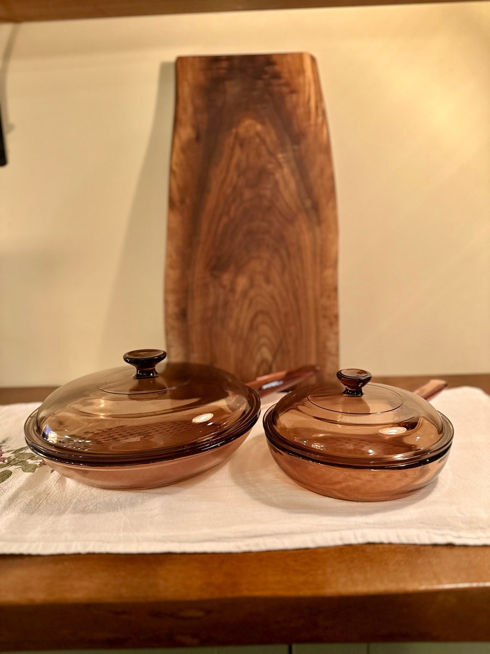 Corning Vision Amber Set of 2 Skillets/4Pcs 10" & 7" Waffle Bottoms Lids USA/FRN